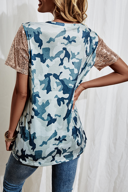 Print Split Joint Sequins Asymmetrical Collar T-shirts