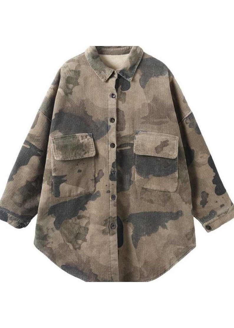 Grey Peter Pan Collar Print Corduroy Winter Coat