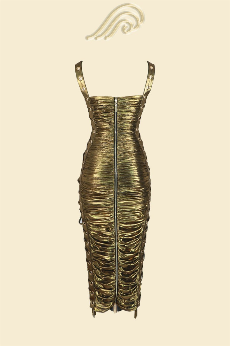Alyssa Metallic Drawstring Gathered Midi Dress
