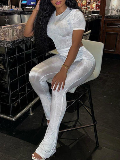 Basics Round Neck Skinny Flared Pants Set Spring Summer Color Short Sleeve Boot Cut Two Pieces Outfit for
