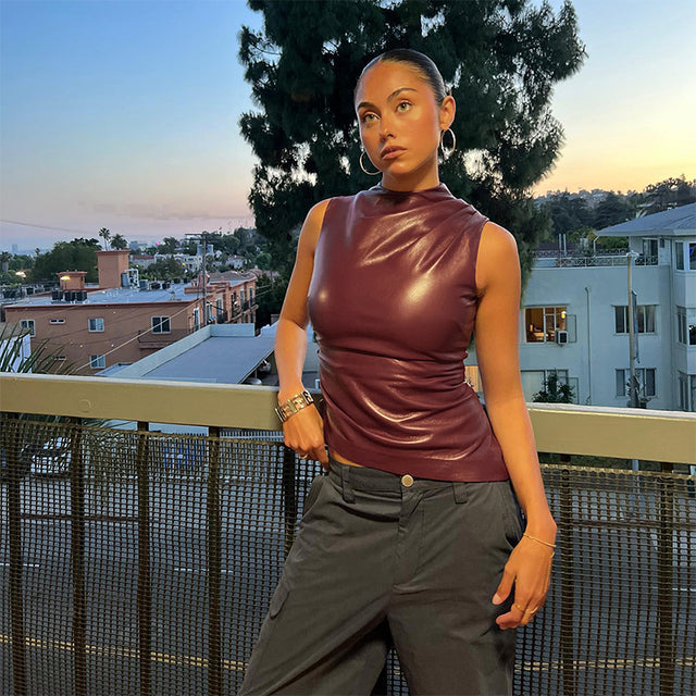 Y2k Pu Simple Basic Tank Top High Waist Skinny Shrunk Slash Cut Sleeveless Tops Versatile Noble Shirts