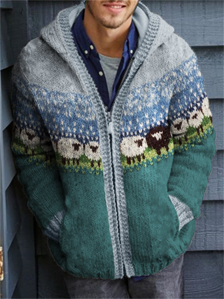 Men's Vintage Sheep Landscape Icelandic Cozy Knit Hooded Cardigan elevenforest