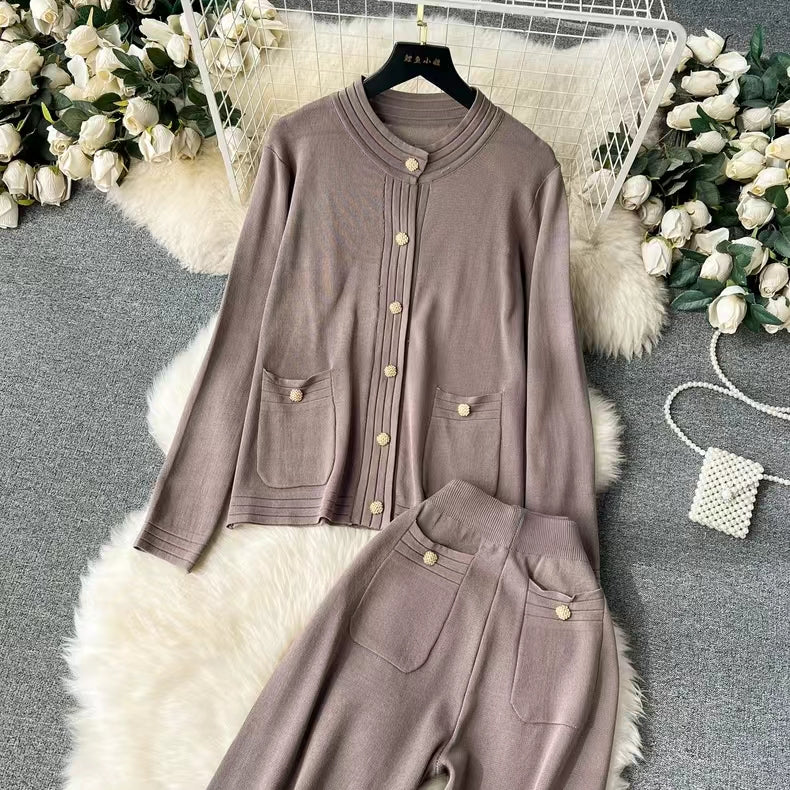 Knitted Cardigan Top Spring Autumn High End Sweater Jacket High Waist Slimming Wide Leg Pants Suit