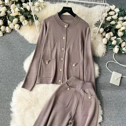 Knitted Cardigan Top Spring Autumn High End Sweater Jacket High Waist Slimming Wide Leg Pants Suit