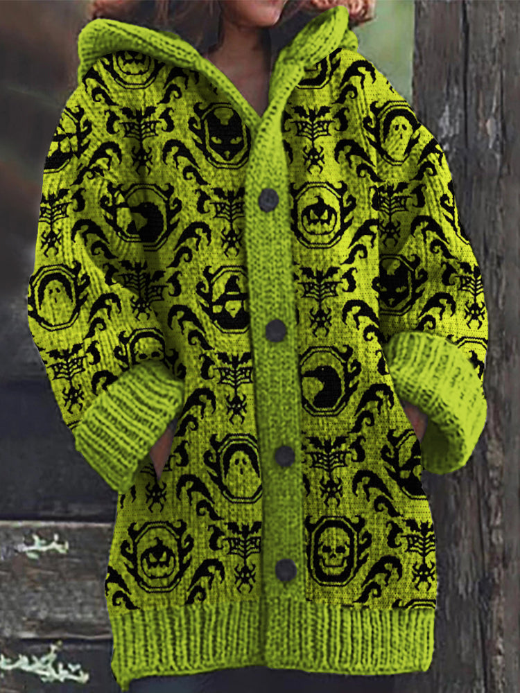 Halloween Elements Gothic Pattern Cozy Knit Hooded Cardigan artswardrobe