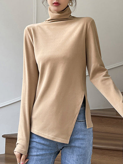 Skinny Long Sleeves Split-side Color High-neck T-shirts Tops