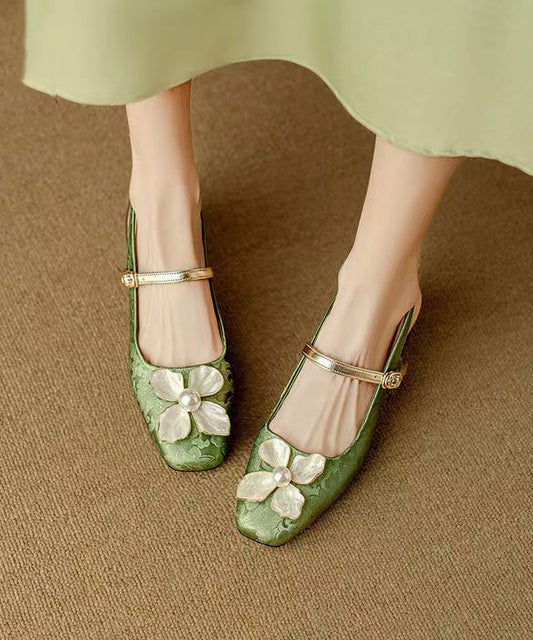 Green Chunky Chinese Style Buckle Strap Splicing Sandals Oi028