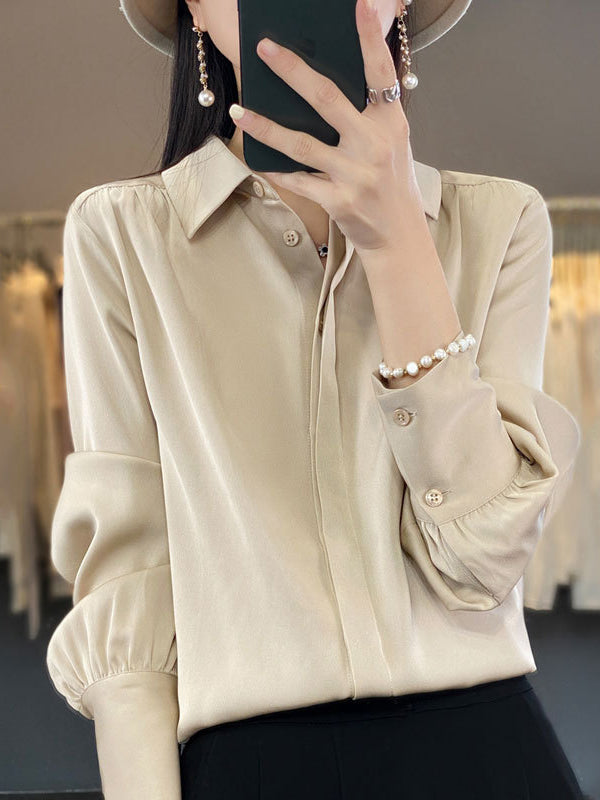 Long Sleeves Loose Buttoned Pleated Color Lapel Blouses&shirts Tops