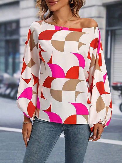 Long Sleeves Loose Asymmetric Elasticity Printed One-shoulder Blouses&shirts Tops