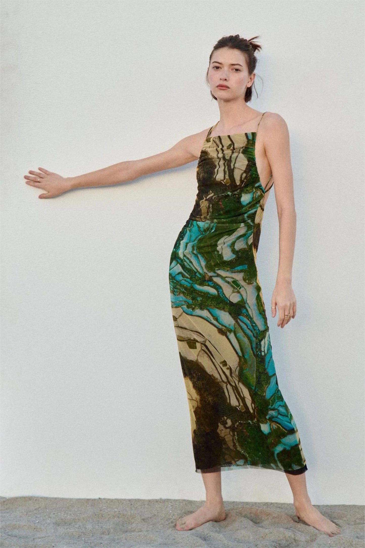 Printed Mesh Cami Midi Dress