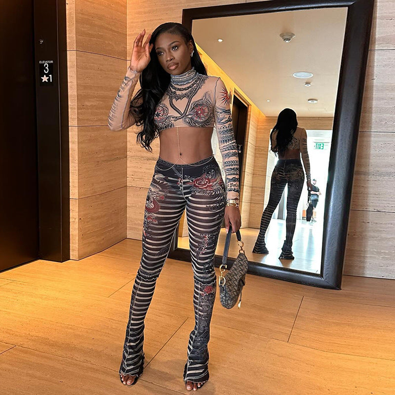 Spring Summer Print Round Neck Cropped Long Sleeve Skinny Pants Set