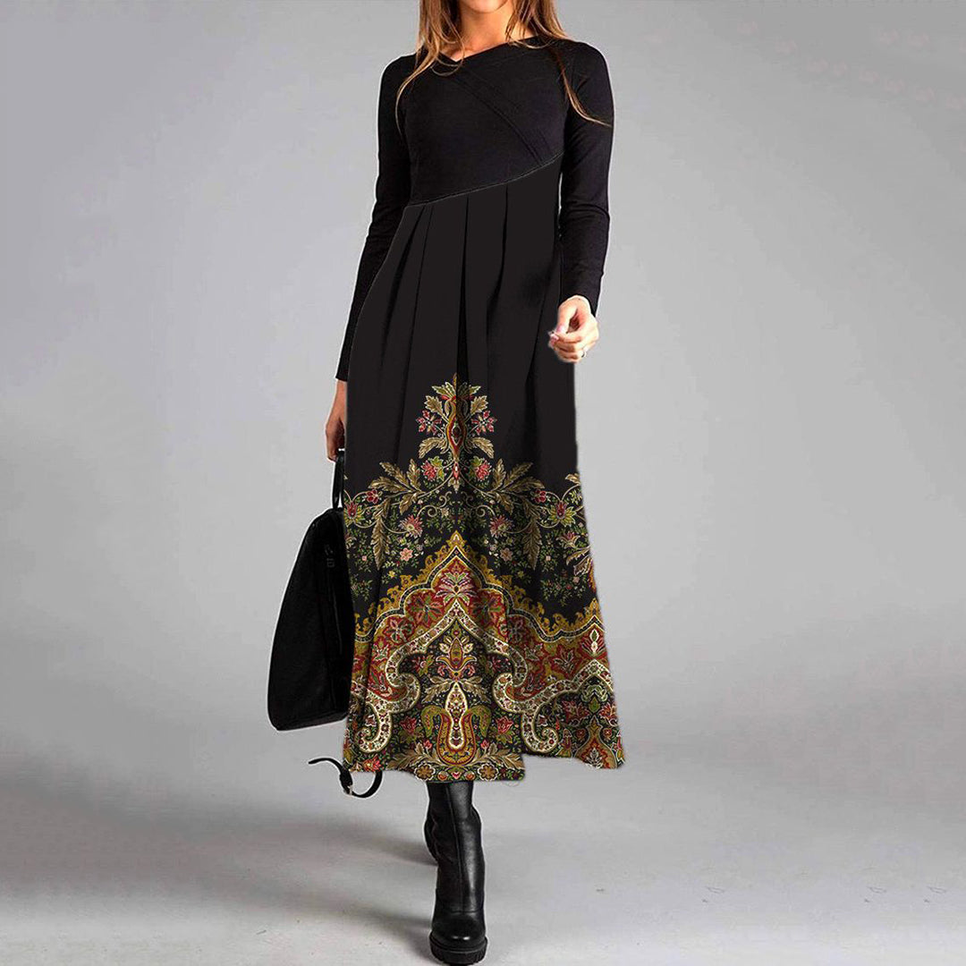 Elegant Ethnic Print Crew Neck Long Sleeve Midi Dress elevenforest