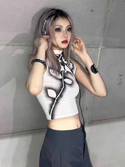 Gothic Rose Print Tank Top Aesthetic Y2k Crop Top Sleeveless Vest Harajuku Black Summer Tops Slim Clothes