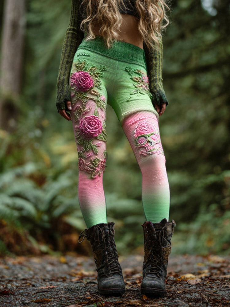 Women's Vintage Skull And Rose Patchwork Comfortable Leggings elevenforest