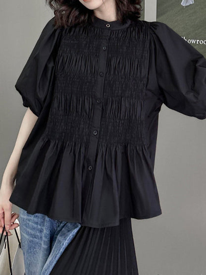 Loose Puff Sleeves Pleated Color Round-neck Blouses&shirts Tops