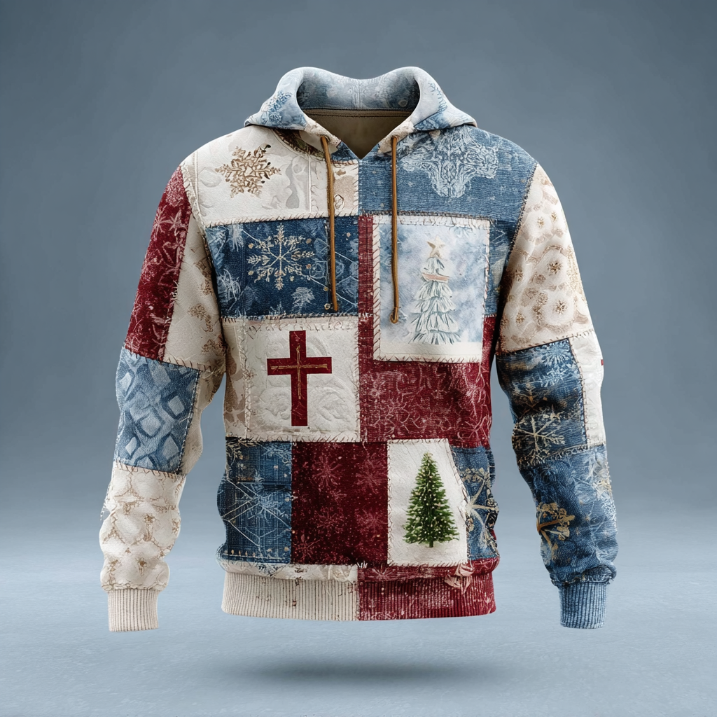 Comstylish Men's Christmas Elements Patchwork Hooded Sweatshirt