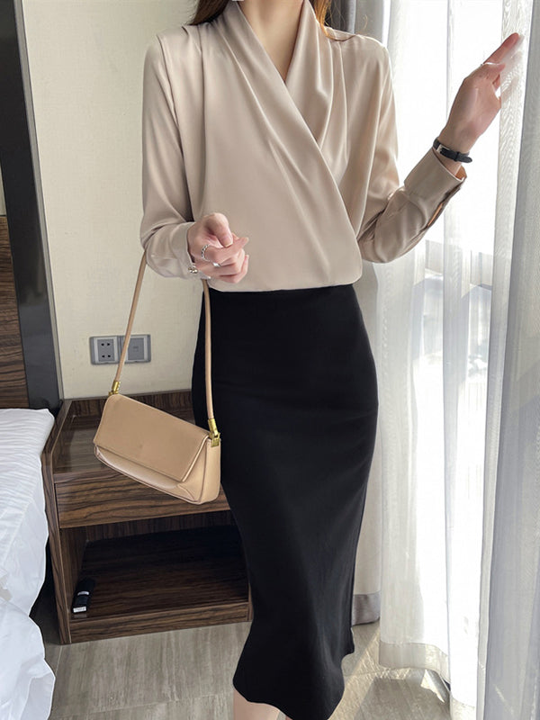 Long Sleeves Loose Buttoned Color V-neck Blouses&shirts Tops