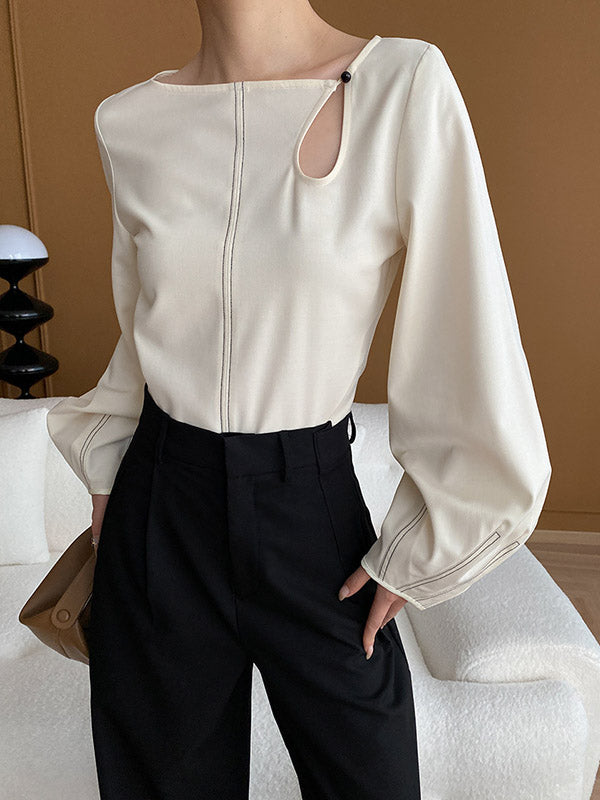 Long Sleeves Loose Asymmetric Belly-hollow Color Round-neck Blouses&shirts Tops