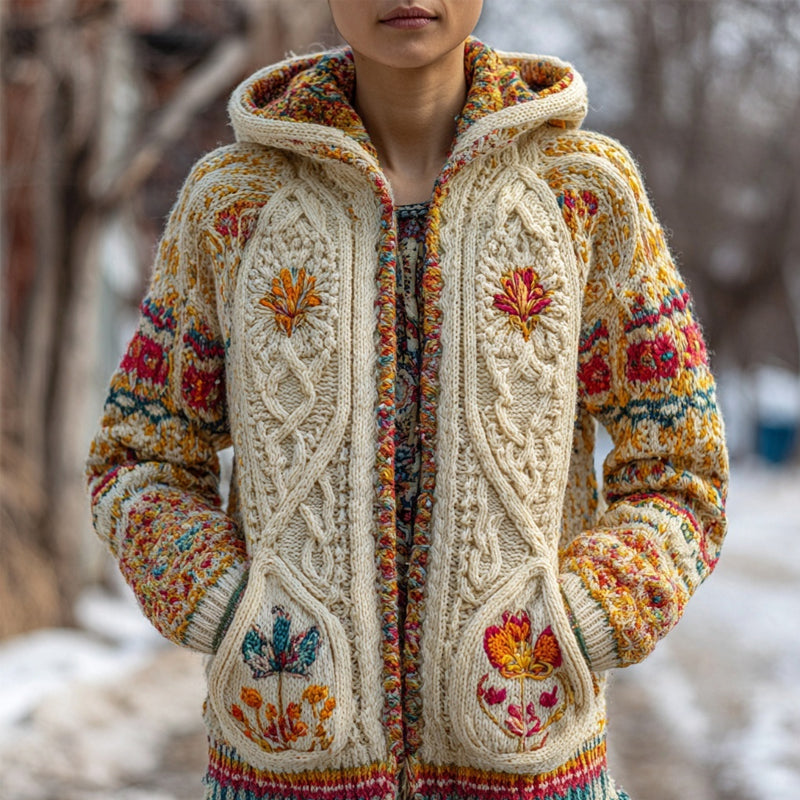 Comstylish Mexican Flowers Embroidered Chunky Hooded Sweater Cardigan