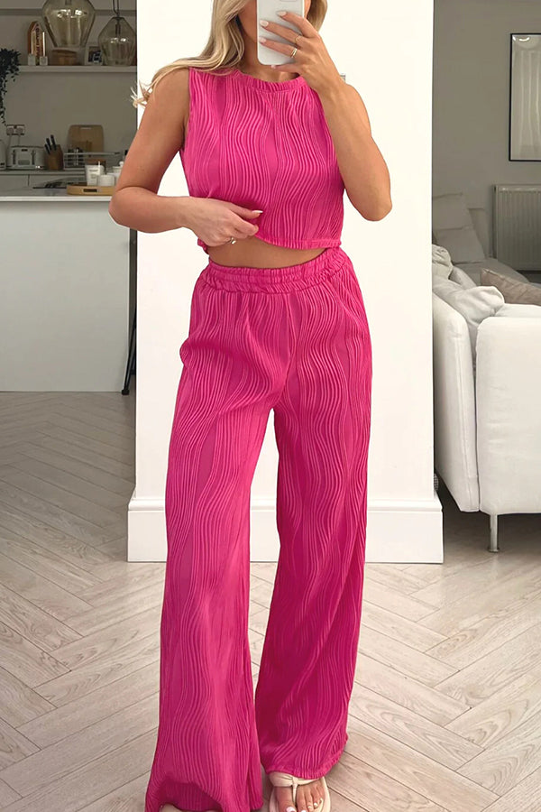 Color Water Wave Crew Neck Tank Top and Elastic Waist Straight Pants Set