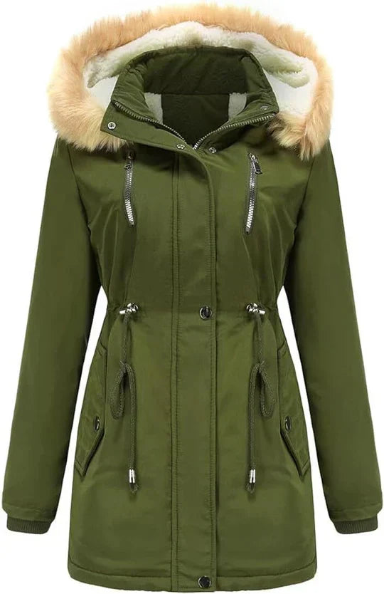 JO | long coat with faux fur hood and fleece lining
