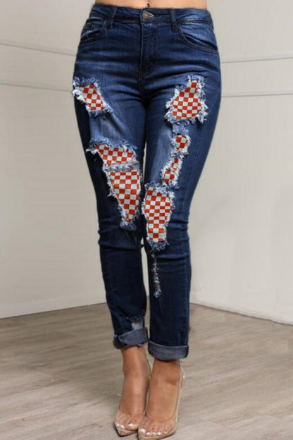 Patchwork Ripped Patch Mid Waist Regular Denim Jeans