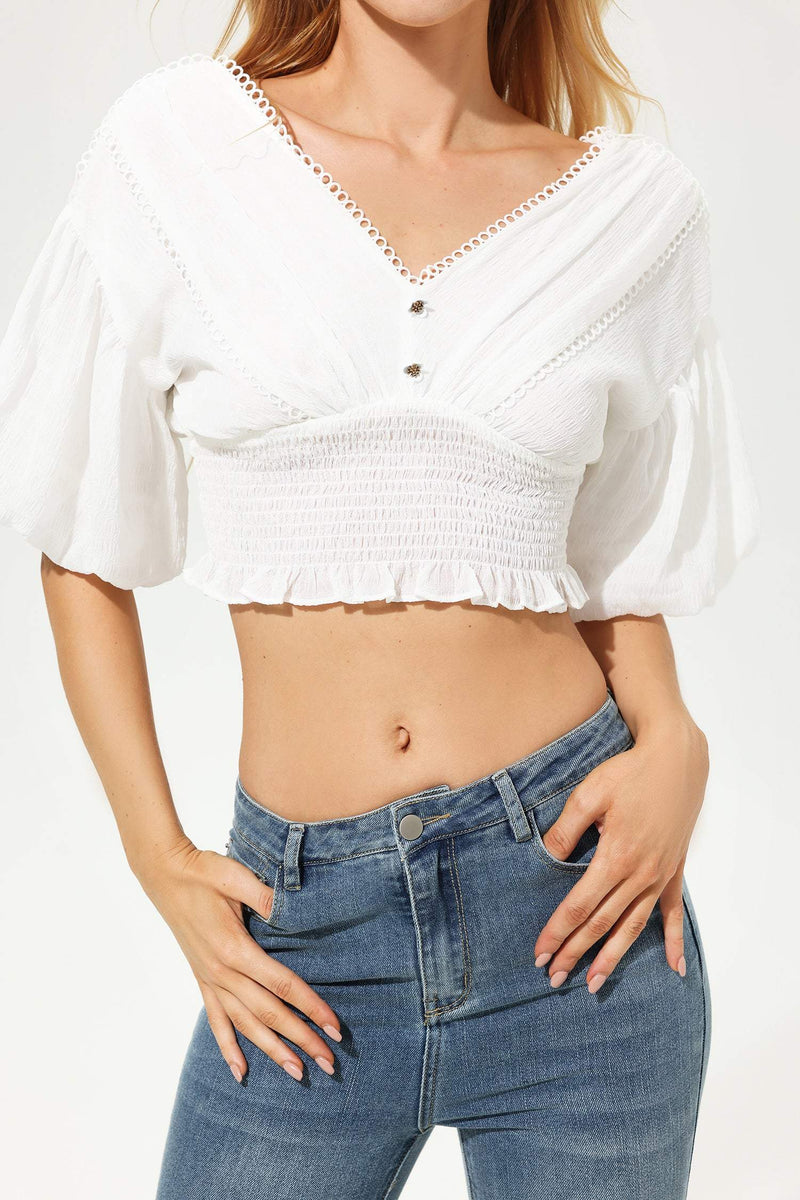 Mid Sleeve V-neck Top White