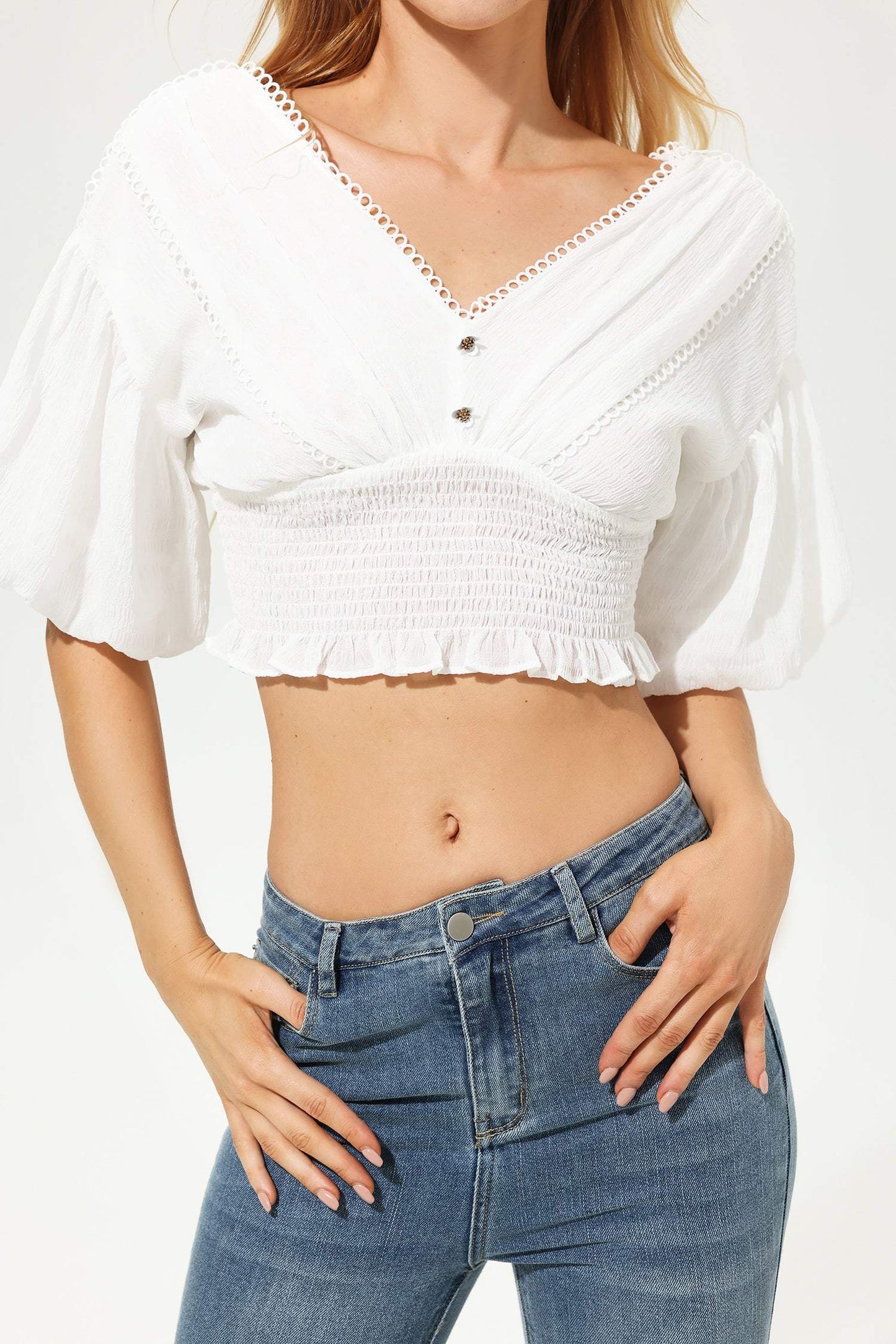 Mid Sleeve V-neck Top White