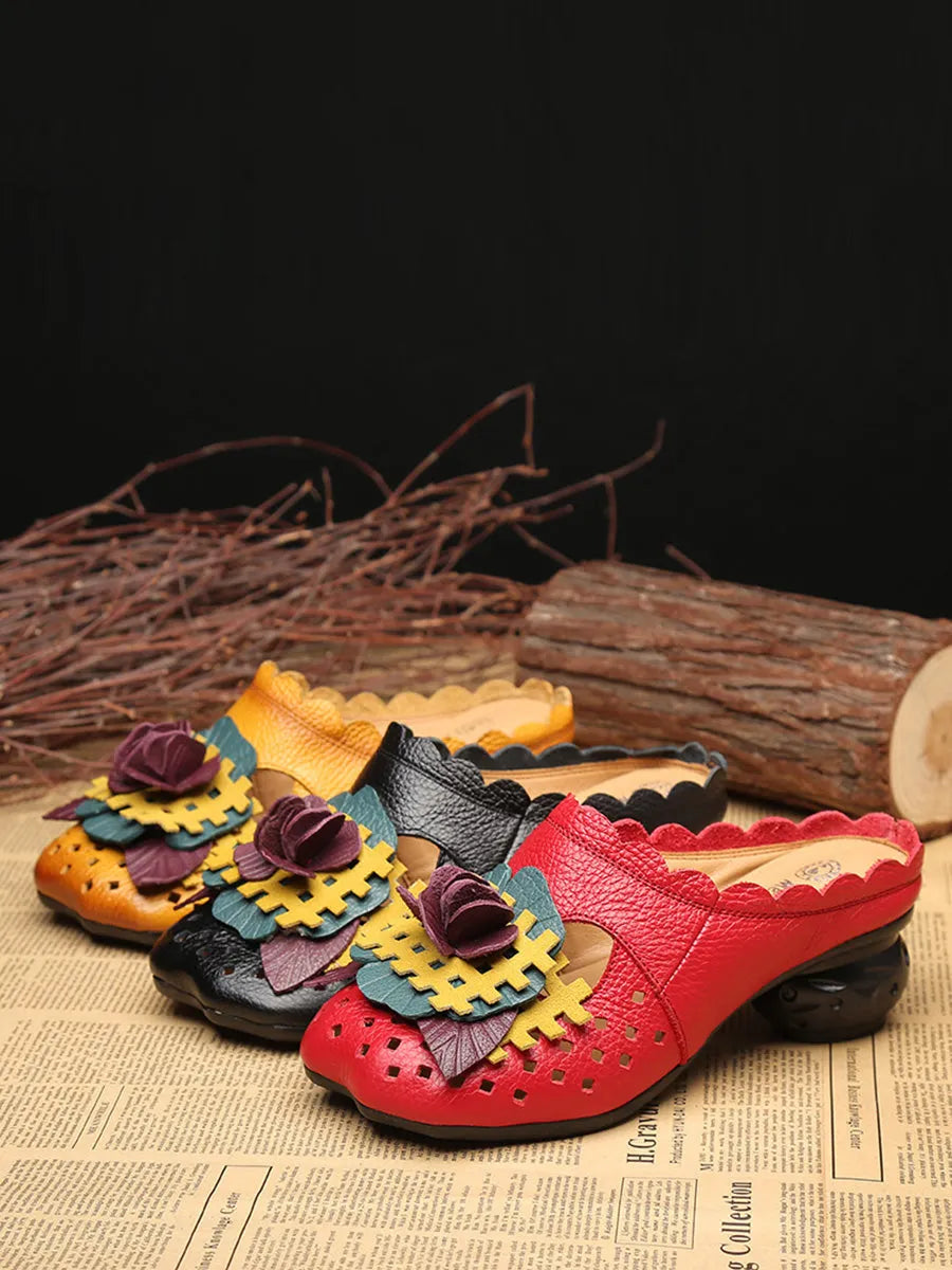 Summer Leather Flower Spliced Low Heel Sandals Fd014