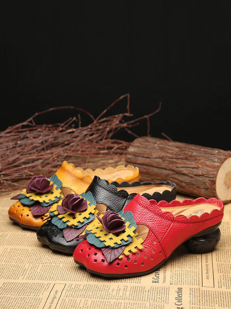 Summer Leather Flower Spliced Low Heel Sandals Fd014