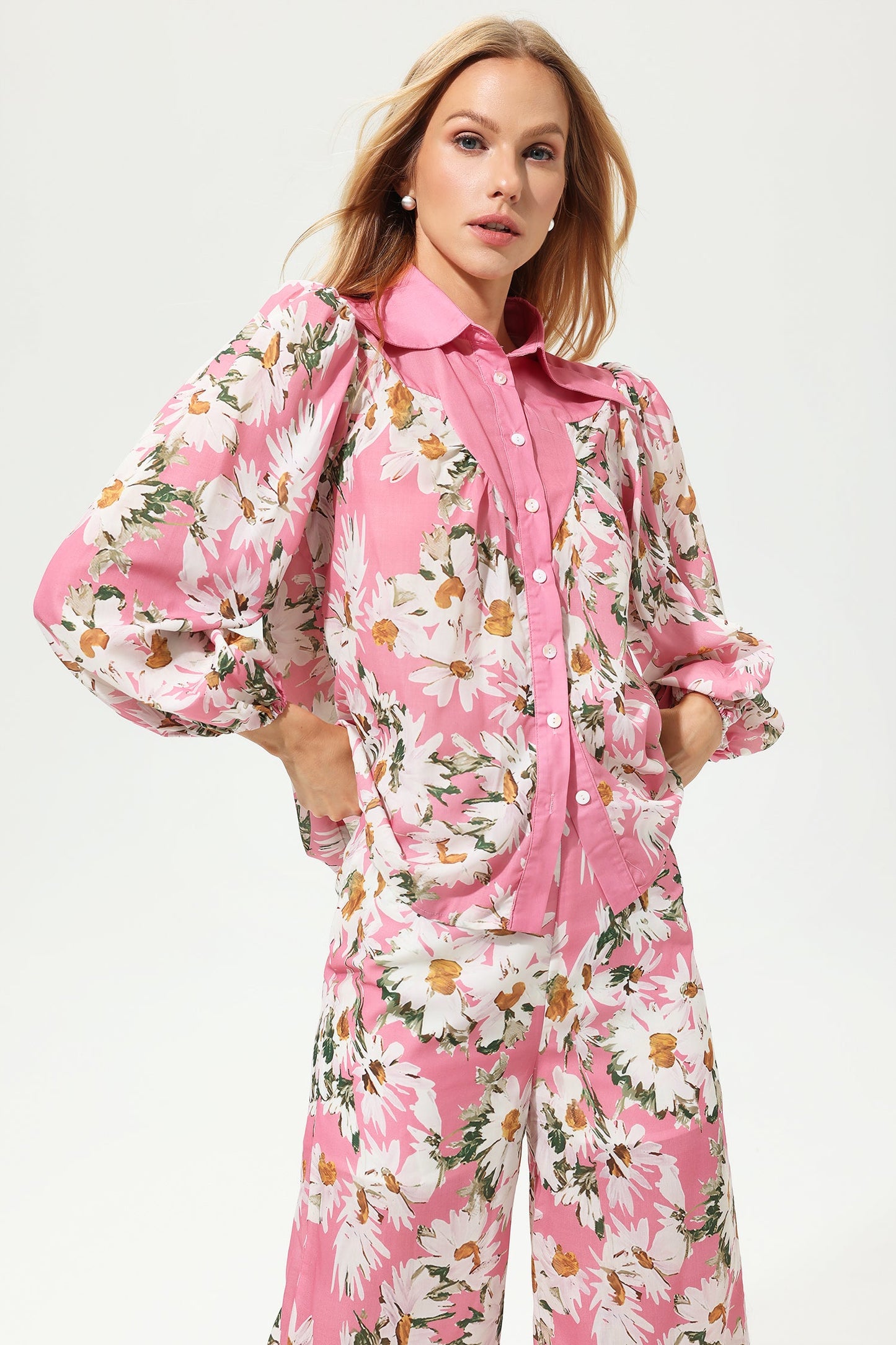 Puff Sleeve Lapel Wide Leg Pants Suit