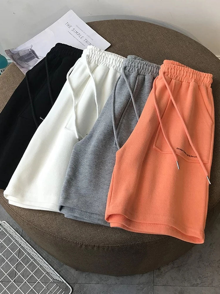 Summer High Waist Wide Leg Short Pants Black Knee Length Pants Drawstring Korean Pure Cotton Loose Holiday Trousers