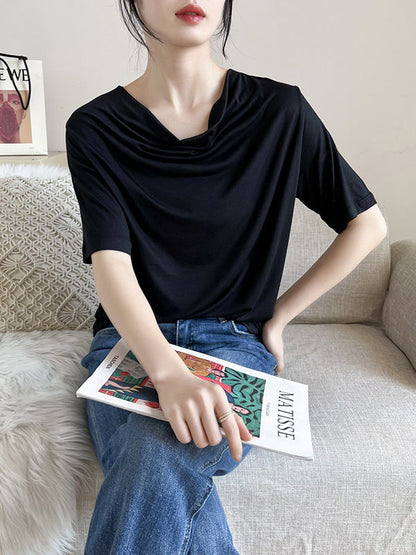 Short Sleeves Pleated Color Heaps Collar T-shirts Tops