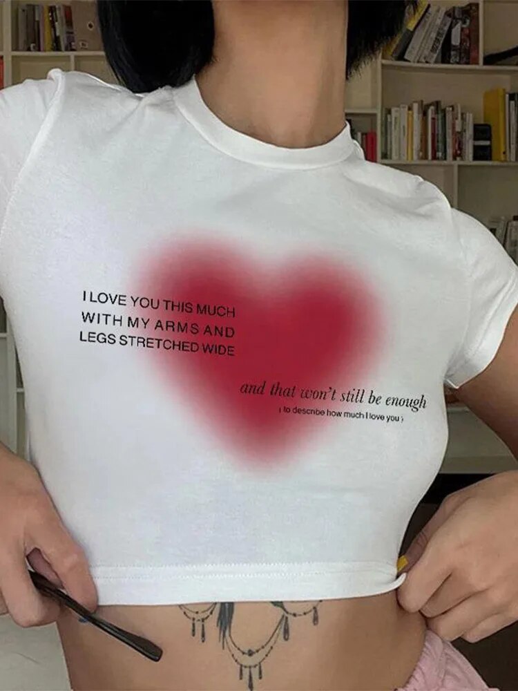 Aesthetic Heart Print T-shirt Anime Letter Kawaii 90’s Crop Tops Summer Short Sleeve Tees Kpop Y2k Clothes Lady