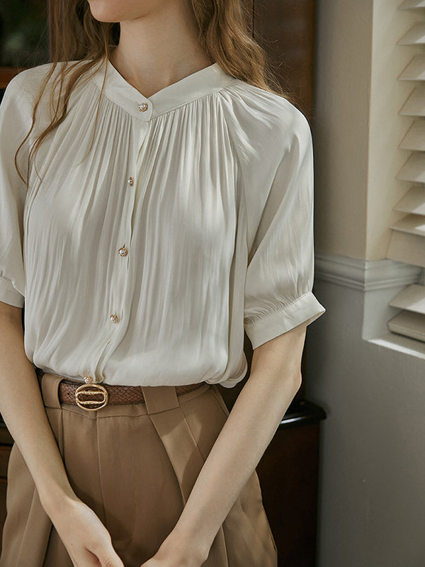 Loose Puff Sleeves Buttoned Pleated Round-neck Blouses&shirts Tops