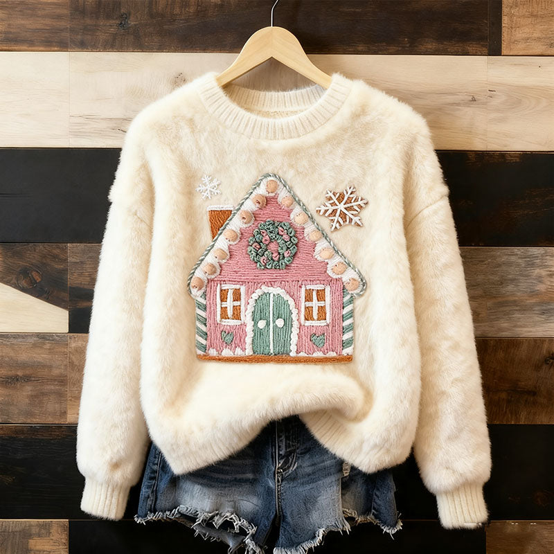 Women's Christmas Embroidery Art Comfort Plush Sweatshirt