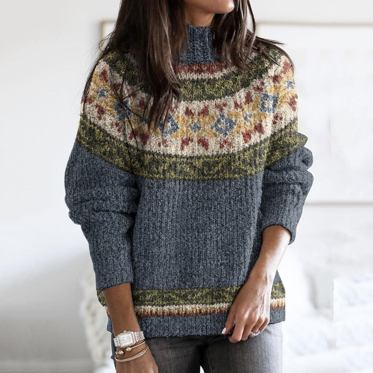 Vintage Contrast Iceland Jacquard Cozy High Collar Sweater elevenforest