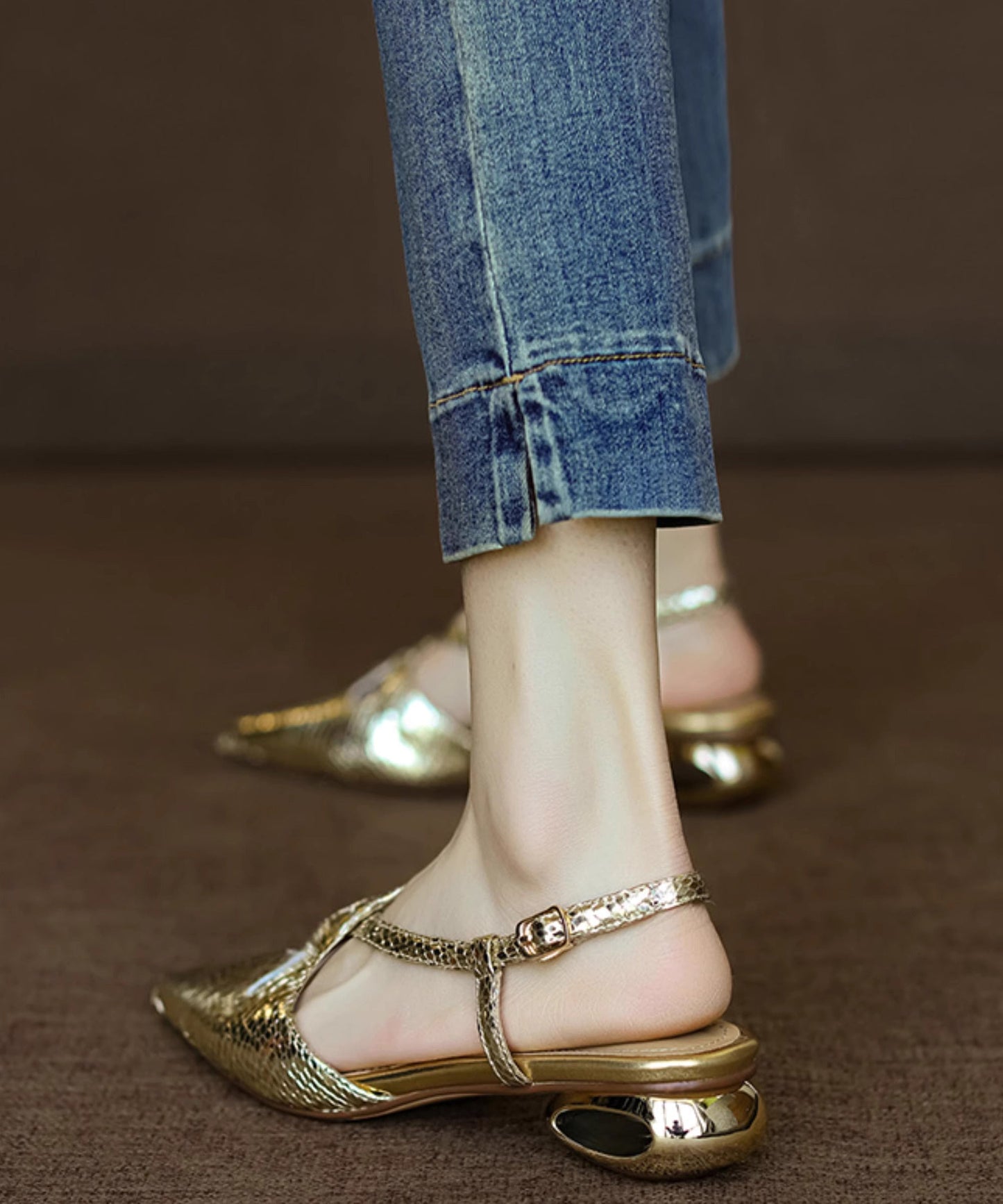 Gold Splicing Sandals Faux Leather Pointed Toe Ap1008