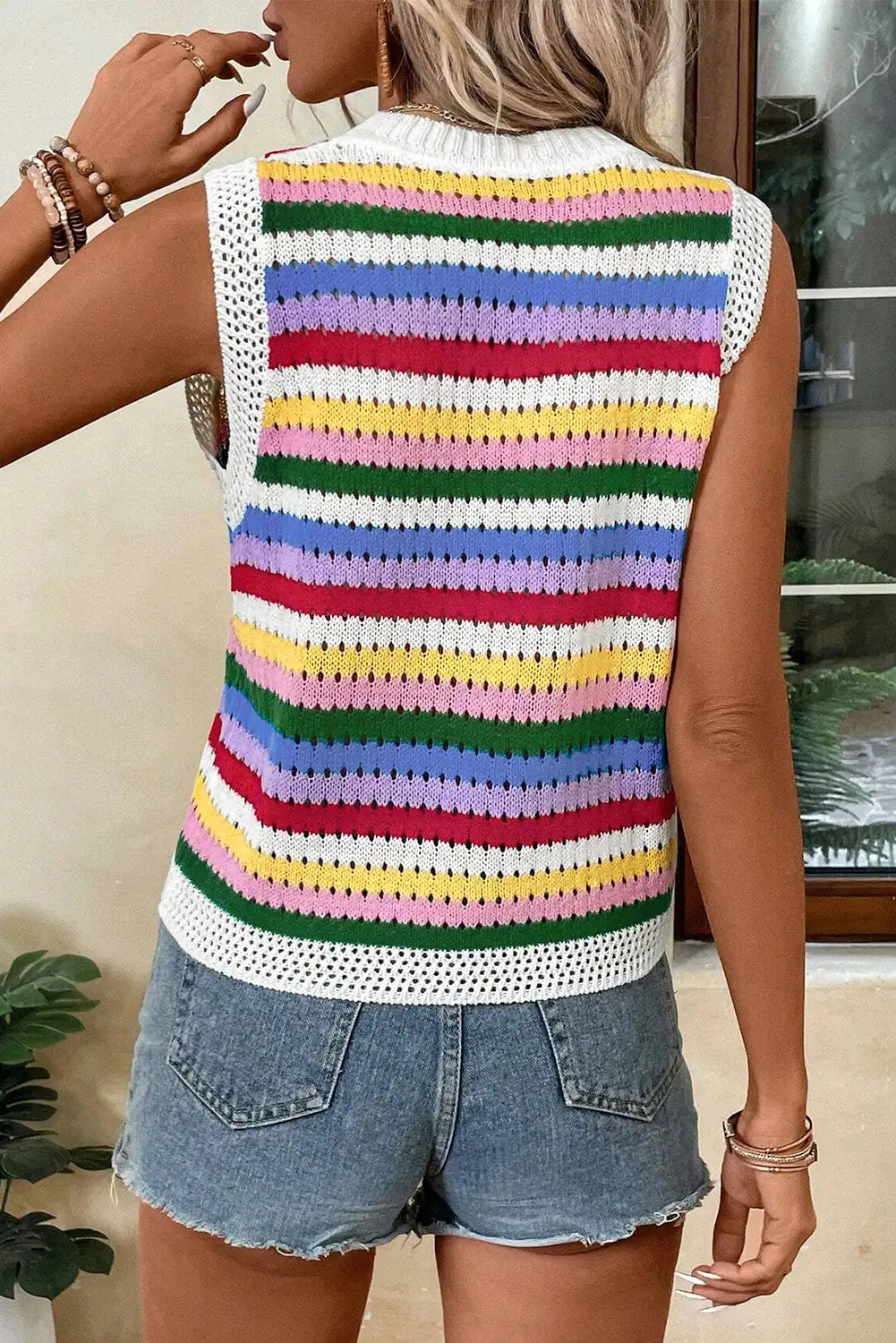 Striped Knitted Eyelet Sweater Vest
