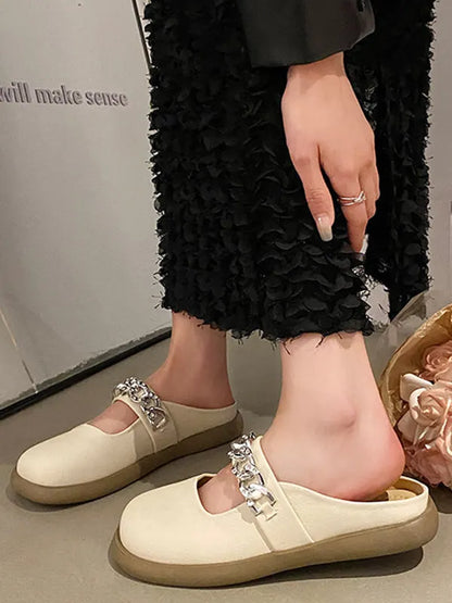 Chains Round-toe Shallow Cut Split-joint Mary Janes Slippers