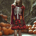 Halloween Skeleton Floral Embroidered Women's Knit Mini Dress artswardrobe