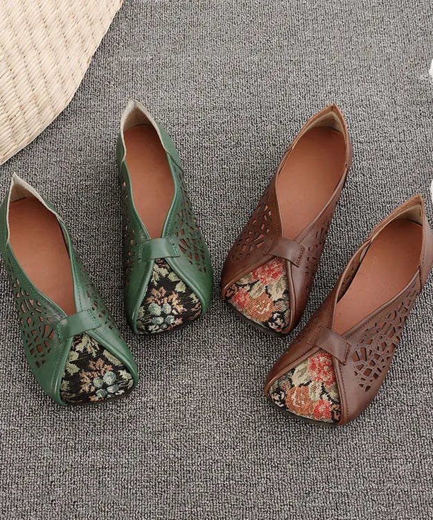 Green Hollow Out Cowhide Leather Flat Shoes for Splicing Flats