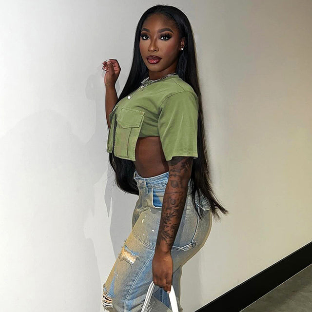 Cargo Pockets Green T-shirts O-neck Short Sleeve Slim Crop Tops Summer Female Tees