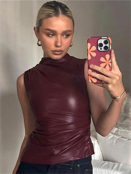 Tossy Pu Leather Tank Top – Sleeveless Slim High Waist Crop Top
