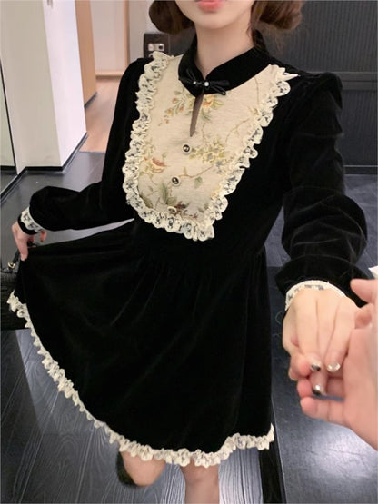 Y2k Patchwork Velvet Mini Dress Long Sleeve Princess Party Dress A-line Autumn Spring French Prom Vestidos New