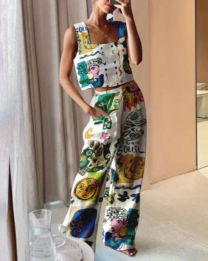 Printed Wide Leg Pants Vest Two Piece Set for – Matching Outfit