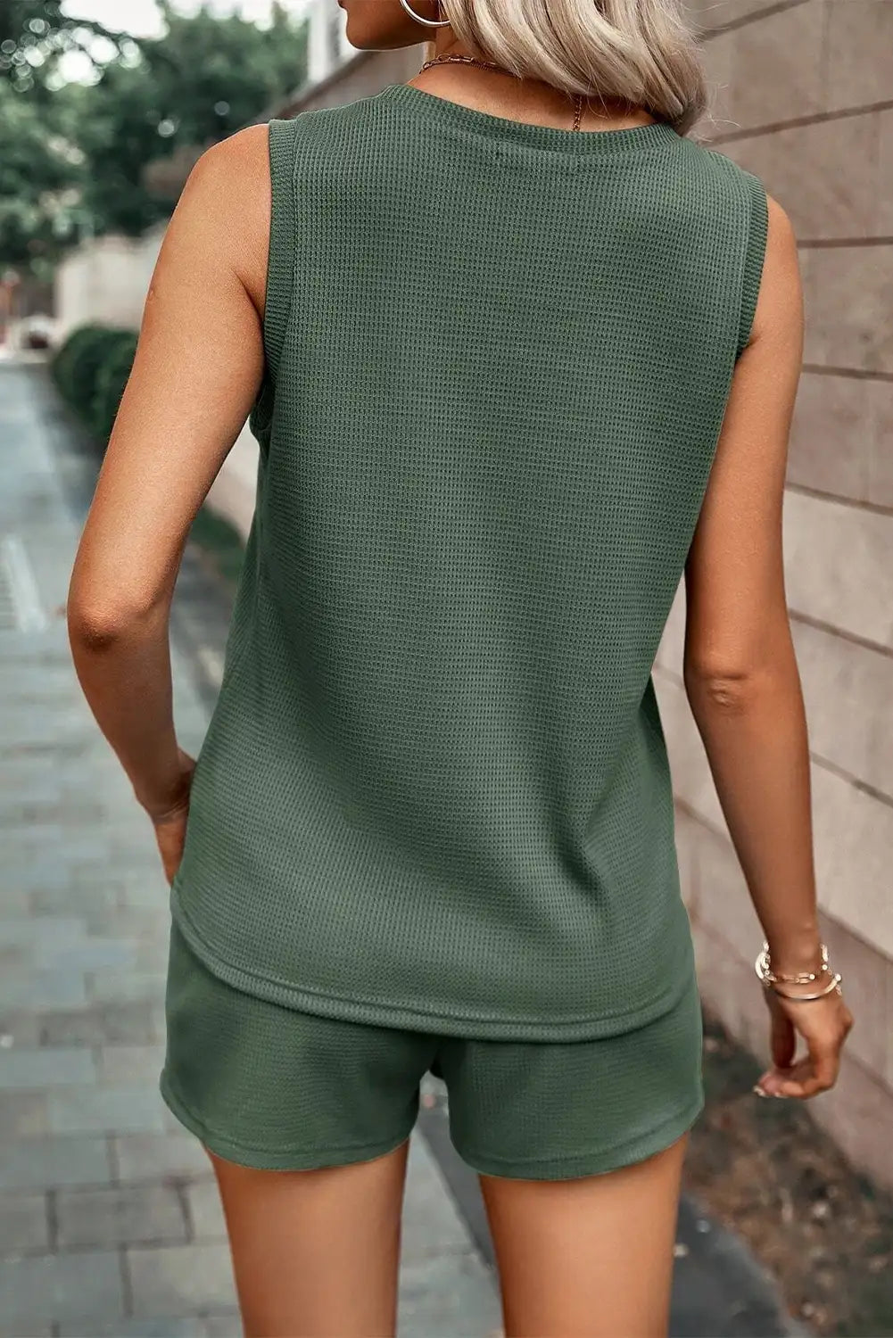 Mist Green Waffle Knit Tank Shorts Set