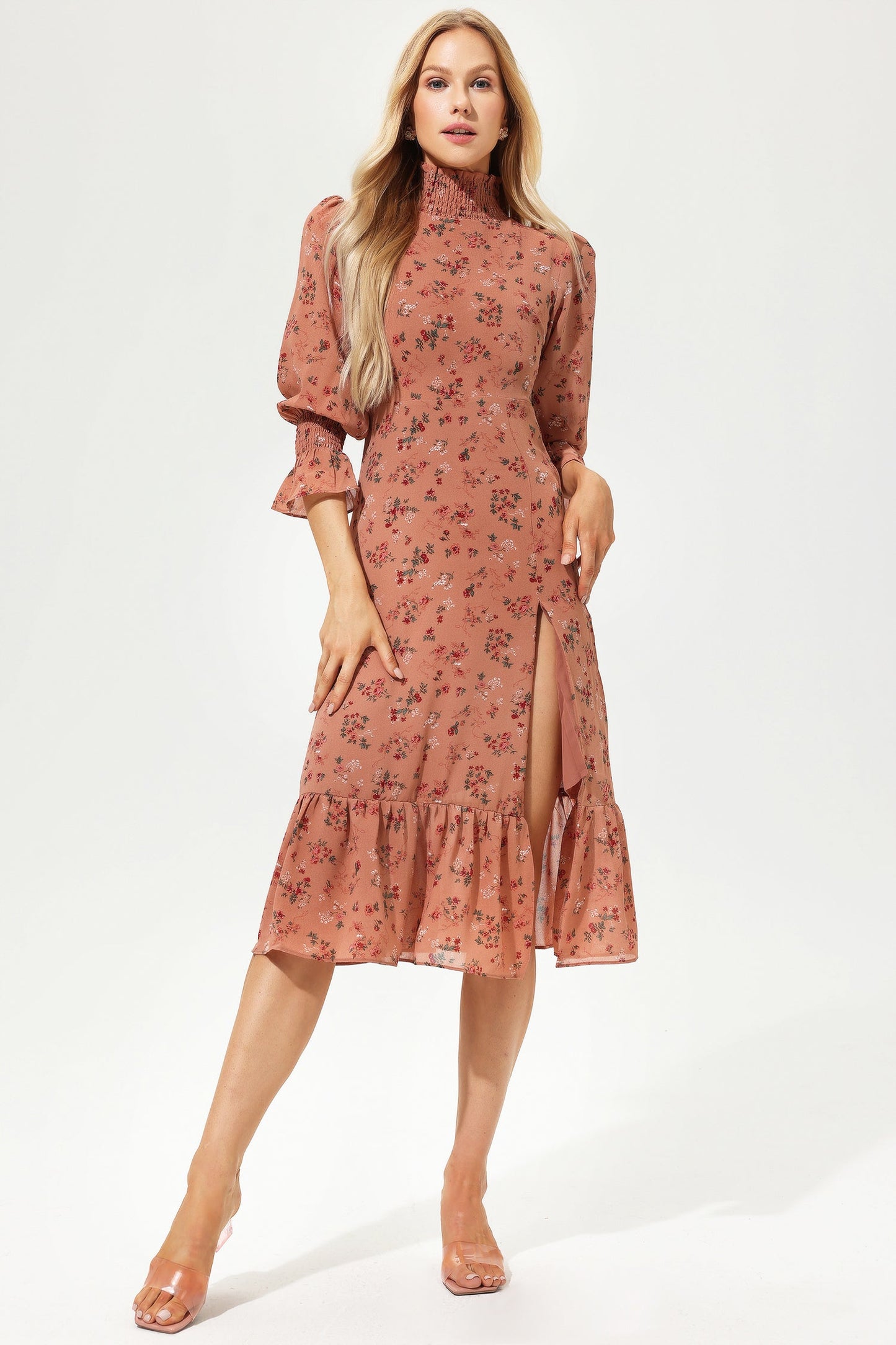 Puff Sleeve Slit Midi Dress