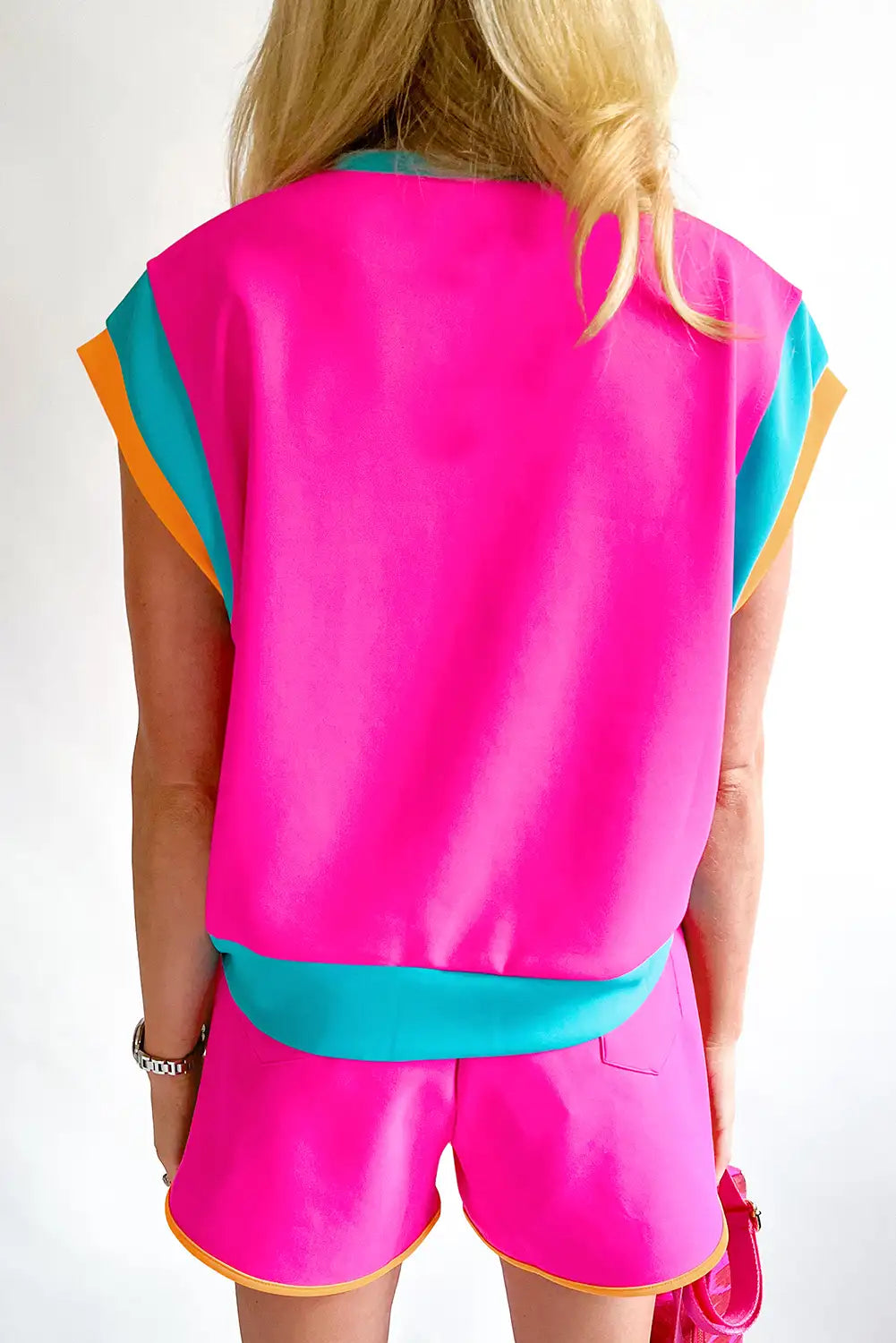 Rose Red Colorblock Cap Sleeve Shorts Set