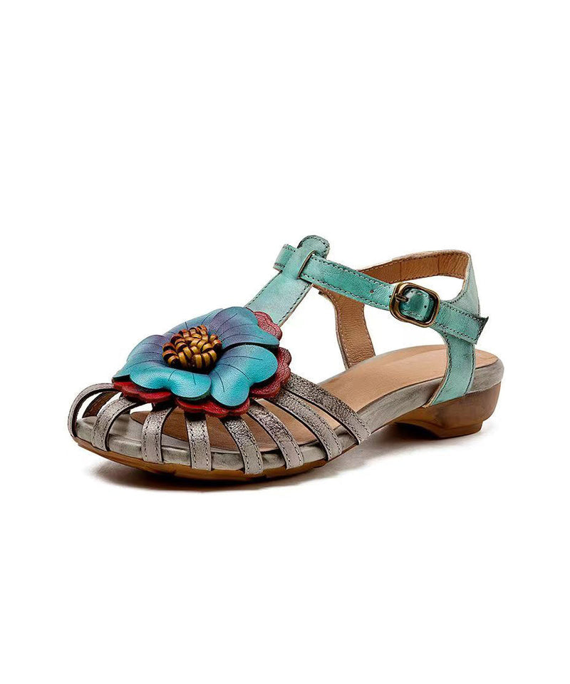 Comfy Splicing Wedge Sandals Grey Cowhide Leather Hollow Out Oi024